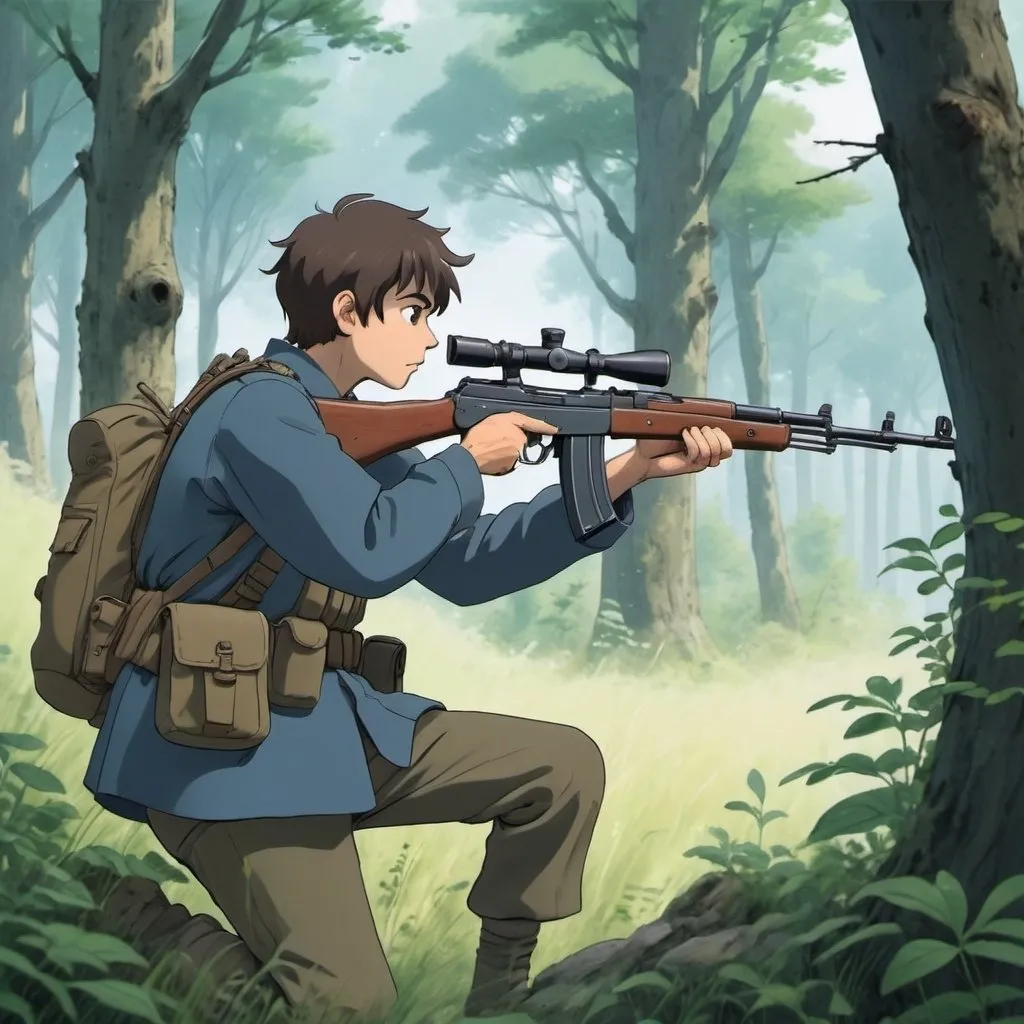 Prompt: Ghibli 2D anime style. A militiaman firing his SKS at an unseen target.