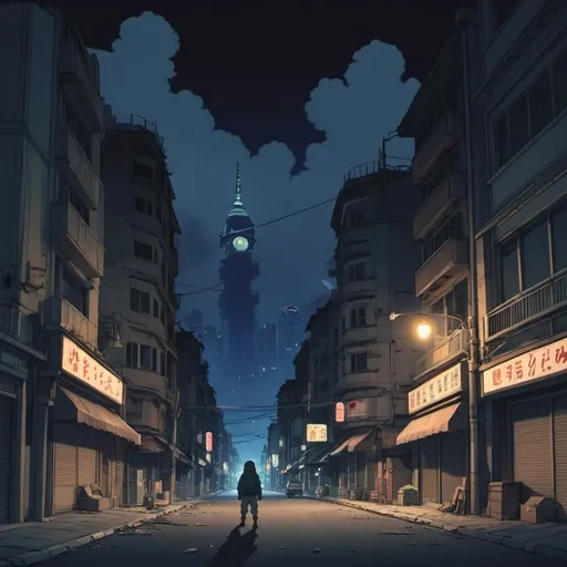 Prompt: Ghibli 2D anime style. A Terrorist bombing in a downtown area of a city. Night time.