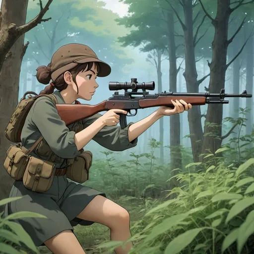 Prompt: Ghibli 2D anime style. A militia woman firing her SKS at an unseen target.