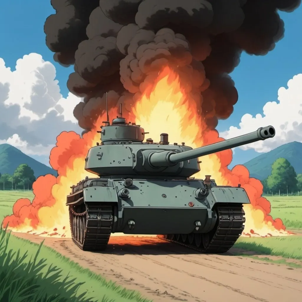 Prompt: Ghibli 2D anime style. A tank on fire from being hit. 