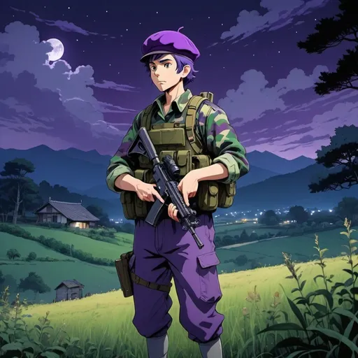 Prompt: Ghibli 2D anime style. A man wearing a royal purple beret and camo clothing armed with an assault rifle. Nighttime in a the countryside.