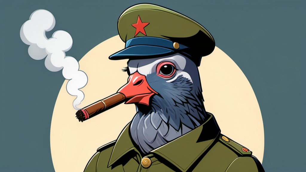 Prompt: Ghibli 2D anime style. A pigeon that has a resemblance to Fidel Castro smoking a Cigar. 