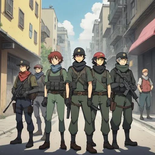 Prompt: Ghibli 2D anime style. A squad of Anarcho-Capitalist militia in a city.