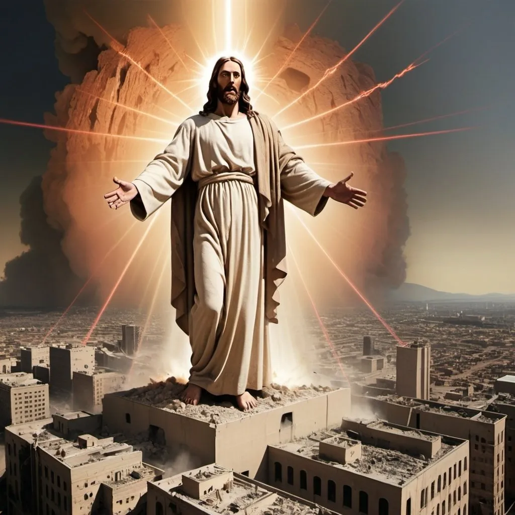 Prompt: 900 ft tall Jesus destroying the city of New Sodom with laser beam eyes.