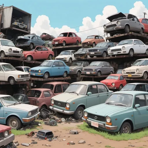 Prompt: Ghibli 2D anime style. A scrap yard with many old cars and home appliances.