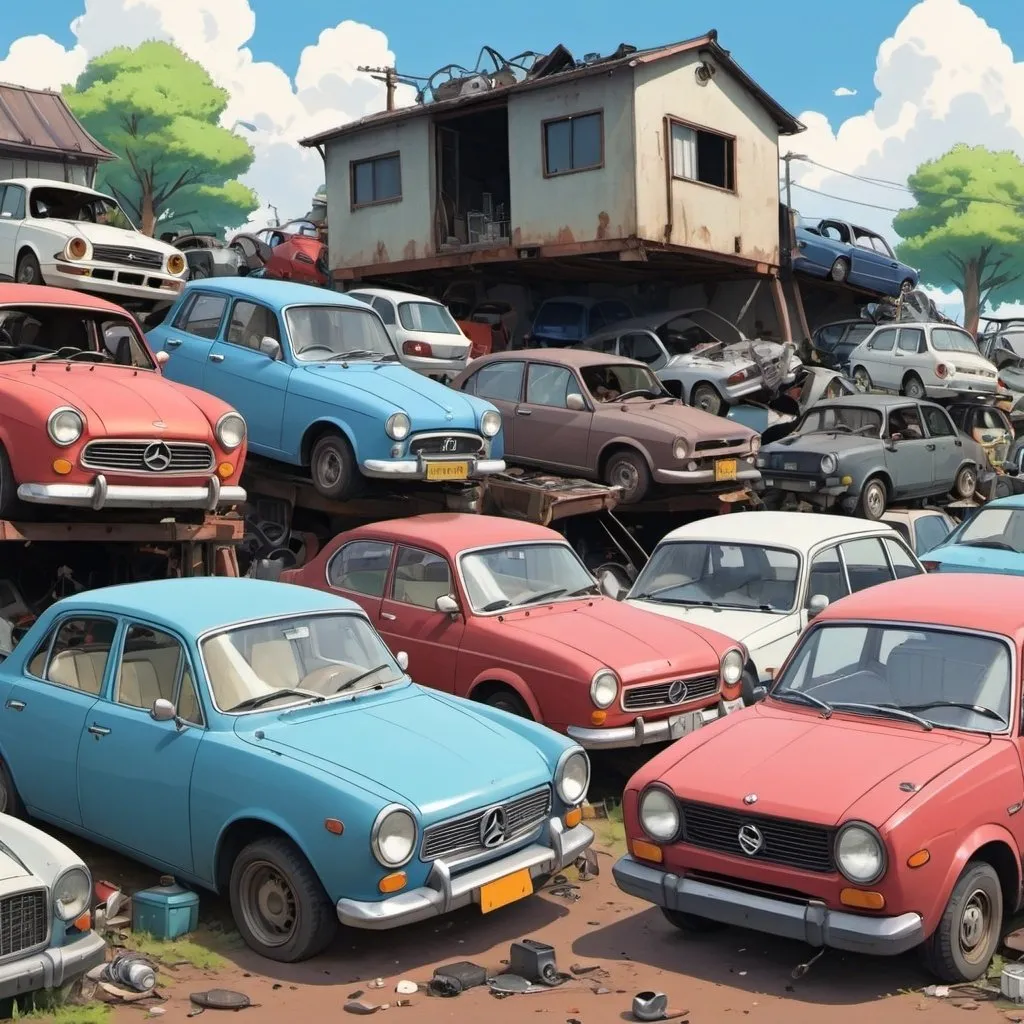 Prompt: Ghibli 2D anime style. A scrap yard with many old cars and home appliances.