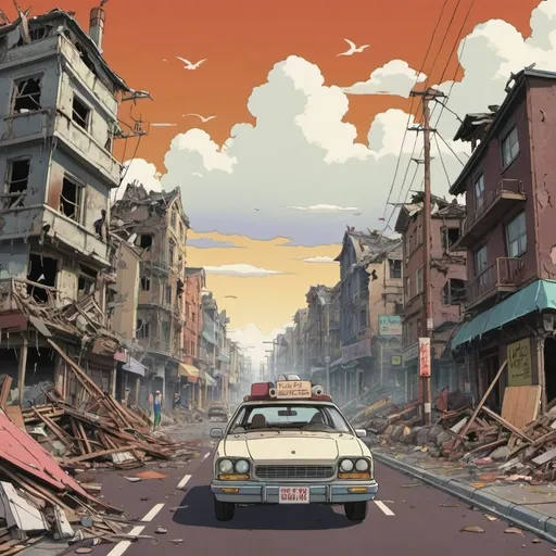 Prompt: a book cover titled "Fear and Loathing in New Cumbria". Studio Ghibli 2D anime style. It features a scene of a destroyed large city.