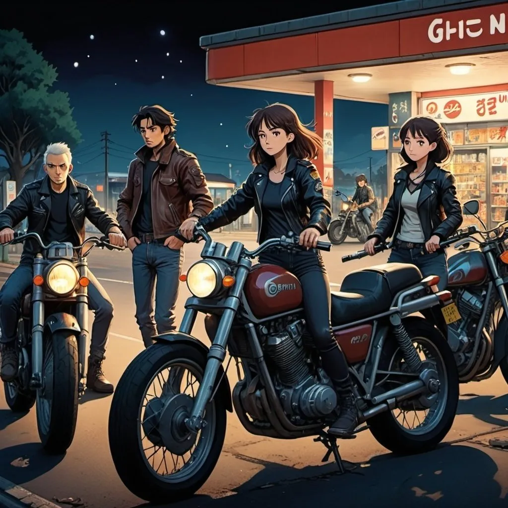 Prompt: Ghibli 2D anime style. A group of Caucasian men and women bikers. all wear a leather jacket. Armed with a variety of weapons. Nighttime outside of a gas station. Parked motorcycles.