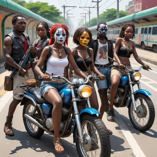 Prompt: Ghibli 2D anime style. A group of Haitian men and women bikers. all wear voodoo face paint. Armed with a variety of firearms and machettes. Daytime outside of a subway station. 