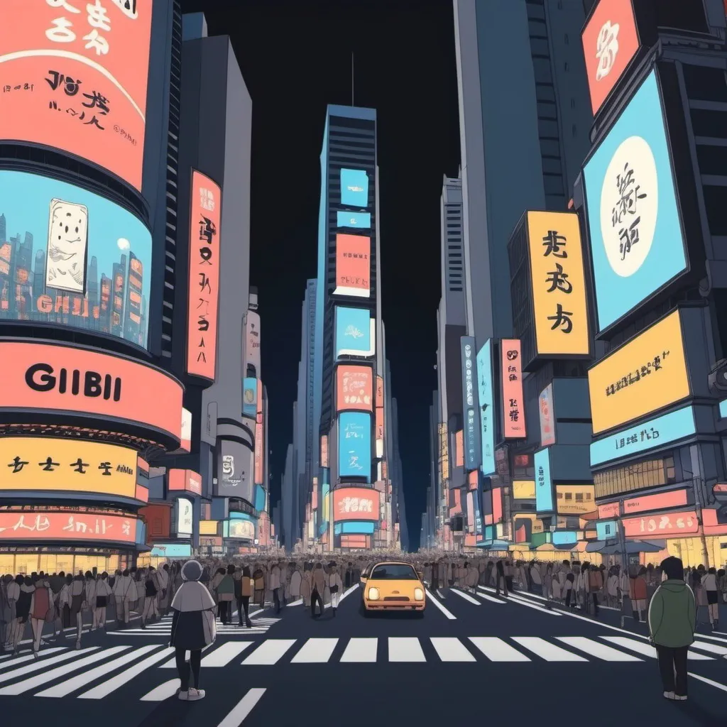 Prompt: Ghibli 2D anime style. Times Square at night.