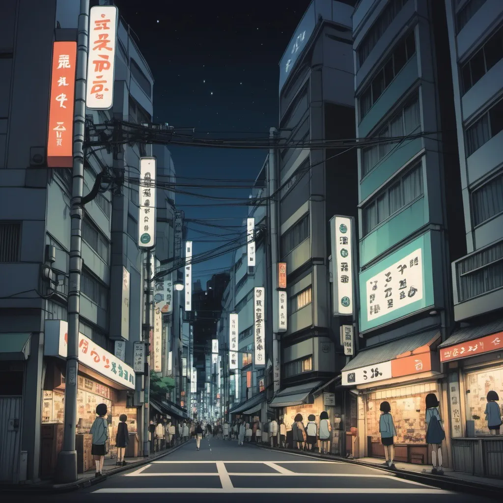 Prompt: Ghibli 2D anime style. Shibuya at night.