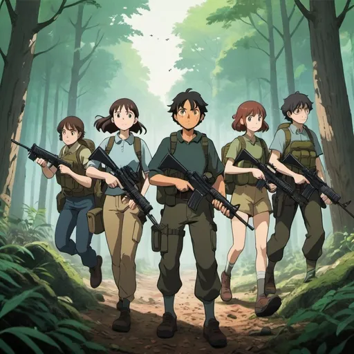 Prompt: Ghibli 2D anime style. A squad of men and women armed with assault rifles in a woods.