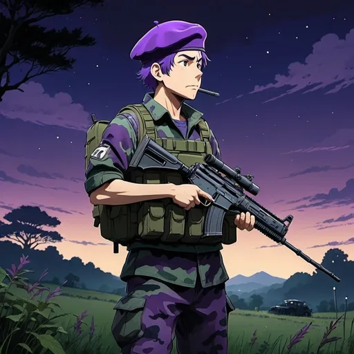 Prompt: Ghibli 2D anime style. A man wearing a royal purple beret and camo clothing armed with an assault rifle. Nighttime in a the countryside.