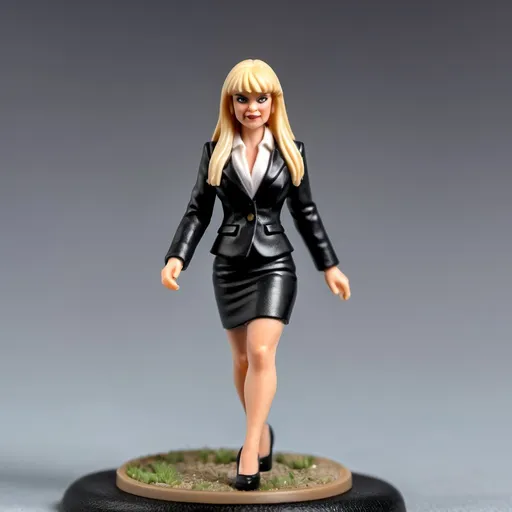 Prompt: A female Caucasian executive, long blonde hair with bangs. Leather skirt and blazer, high heels. Style 28mm table top gaming miniature.