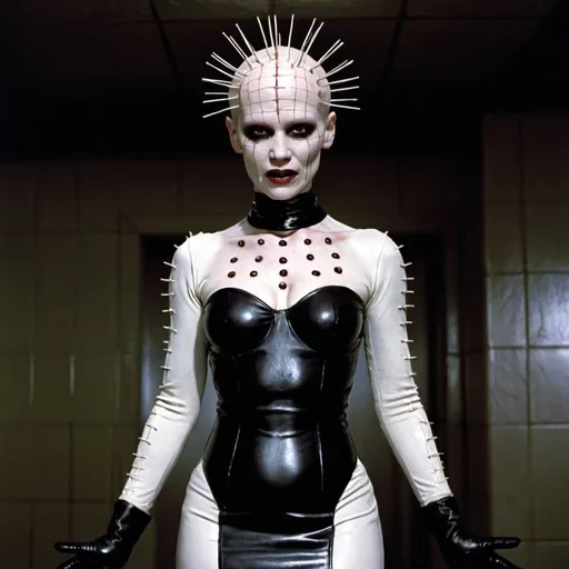 Prompt: A female cenobite from Hellraiser. She wears a heavy rubber dress with gloves and boots. She has many incisions and pins in her albino skin. 