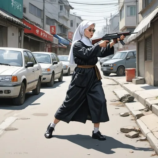 Prompt: Kim Jung Gi style illustration. Nun shooting Uzi in the street.