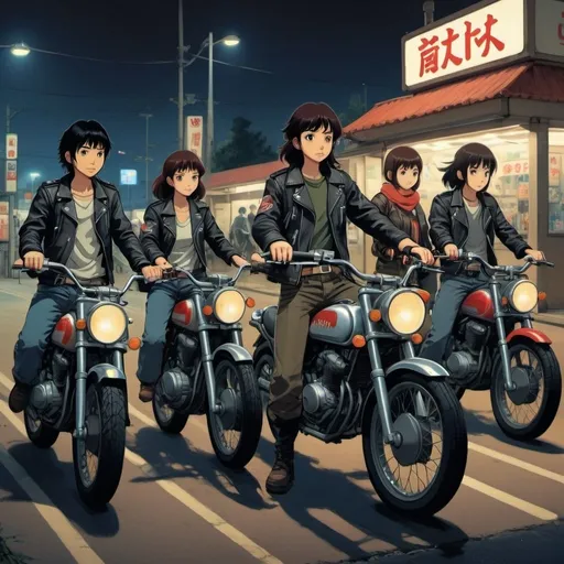 Prompt: Ghibli 2D anime style. A group of Japanese Go go bikers. all wear identical attire including leather jacket. Armed with a variety of weapons. Nighttime outside of a gas station. Parked motocycles.