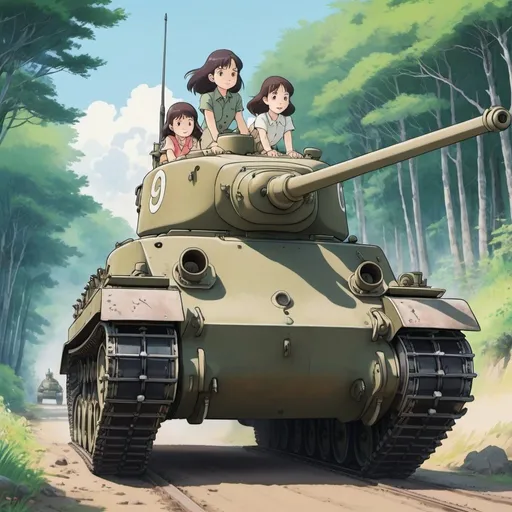 Prompt: Studio Ghibli 2D anime style.

A Sherman tank crewed by Japanese girls, driving fast. 