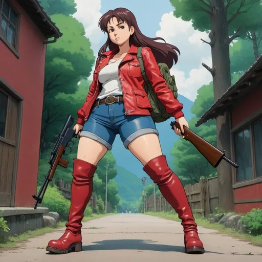 Prompt: Studio Ghibli 2D anime style. 

An imposing tall thicc woman wearing a crimson red leather jacket, blue jeans, knee high combat boots and armed with an m1 carbine.