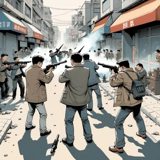 Prompt: Kim Jung Gi style illustration. people shooting guns in the street.