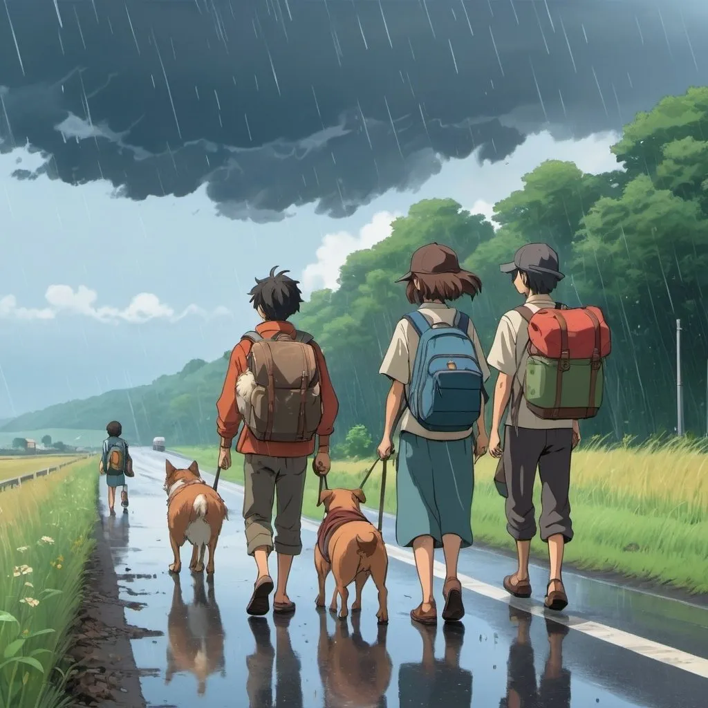 Prompt: Ghibli 2D anime style. A group of refugees with kids, dog, wagon and backpacks. walking along the side of a highway. raining.