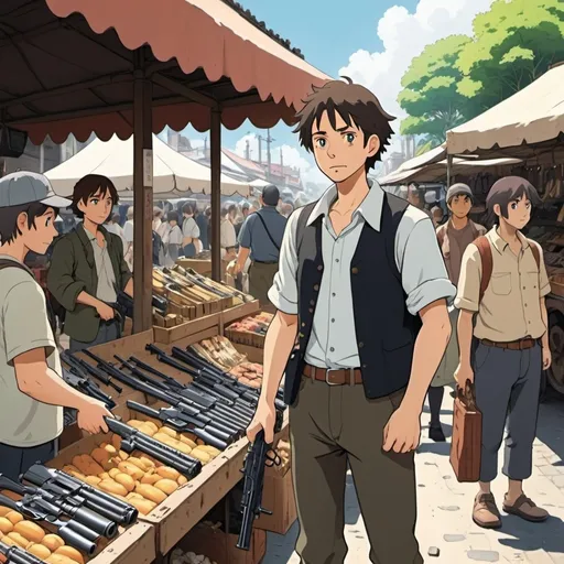 Prompt: Ghibli 2D anime style. A man selling firearms and weapons in an open air market. Daytime 