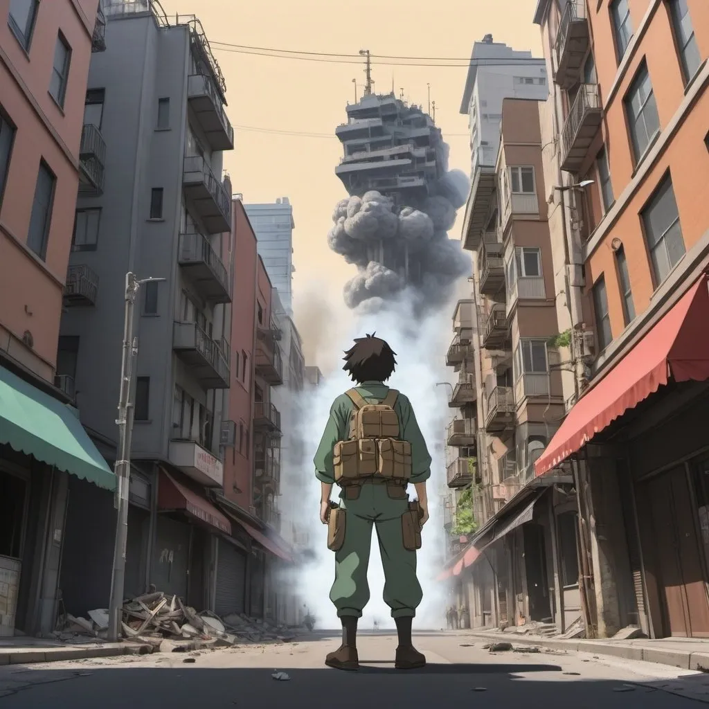 Ghibli 2D anime style. A Terrorist bombing in a down...