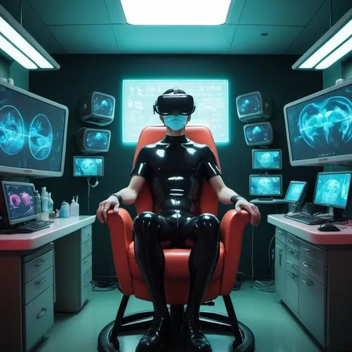 Prompt: Ghibli 2D anime style. A man wearing a latex bodysuit sits in a dentists chair with VR headset on. Room with many servers and computers. Dark room with neon lighting.