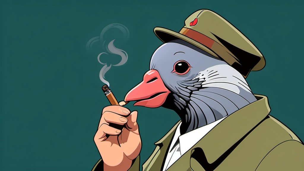 Prompt: Ghibli 2D anime style. A pigeon that has a resemblance to Fidel Castro smoking a Cigar. 