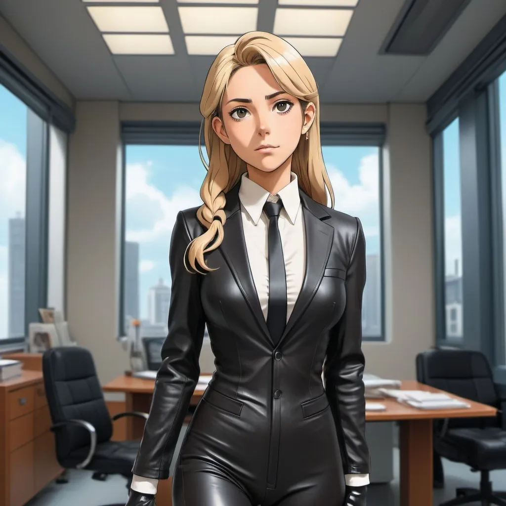 Prompt: Ghibli 2D anime style. An Aryan woman. Corporate CEO. Leather pant suit, designer. latex gloves. High rise office luxurious.  Ghibli 2D anime style.