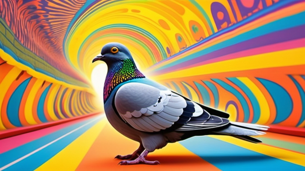 Prompt: A pigeon that is guiding you through an acid trip. psychedelic. magic mushrooms. yellow submarine.