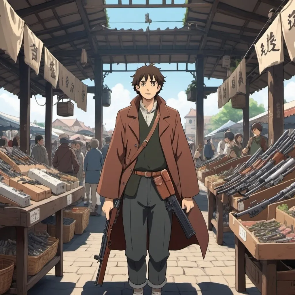 Prompt: Ghibli 2D anime style. A man selling firearms and weapons in an open air market. Daytime 