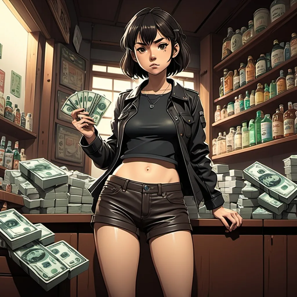 Prompt: Ghibli 2D anime style. Detailed. Guns, Audi RS6 Avant, drugs, women, liquor, cash, more guns.  Nerdy Japanese woman wearing leather shorts.