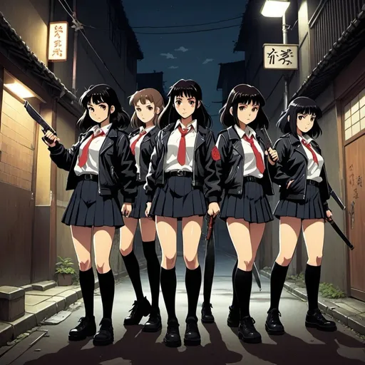 Prompt: Ghibli 2D anime style. A group of Japanese Sukeban. all wear identical attire including leather jacket and school uniform with over the knee socks. Armed with a variety of melee weapons. Nighttime in an alley.   