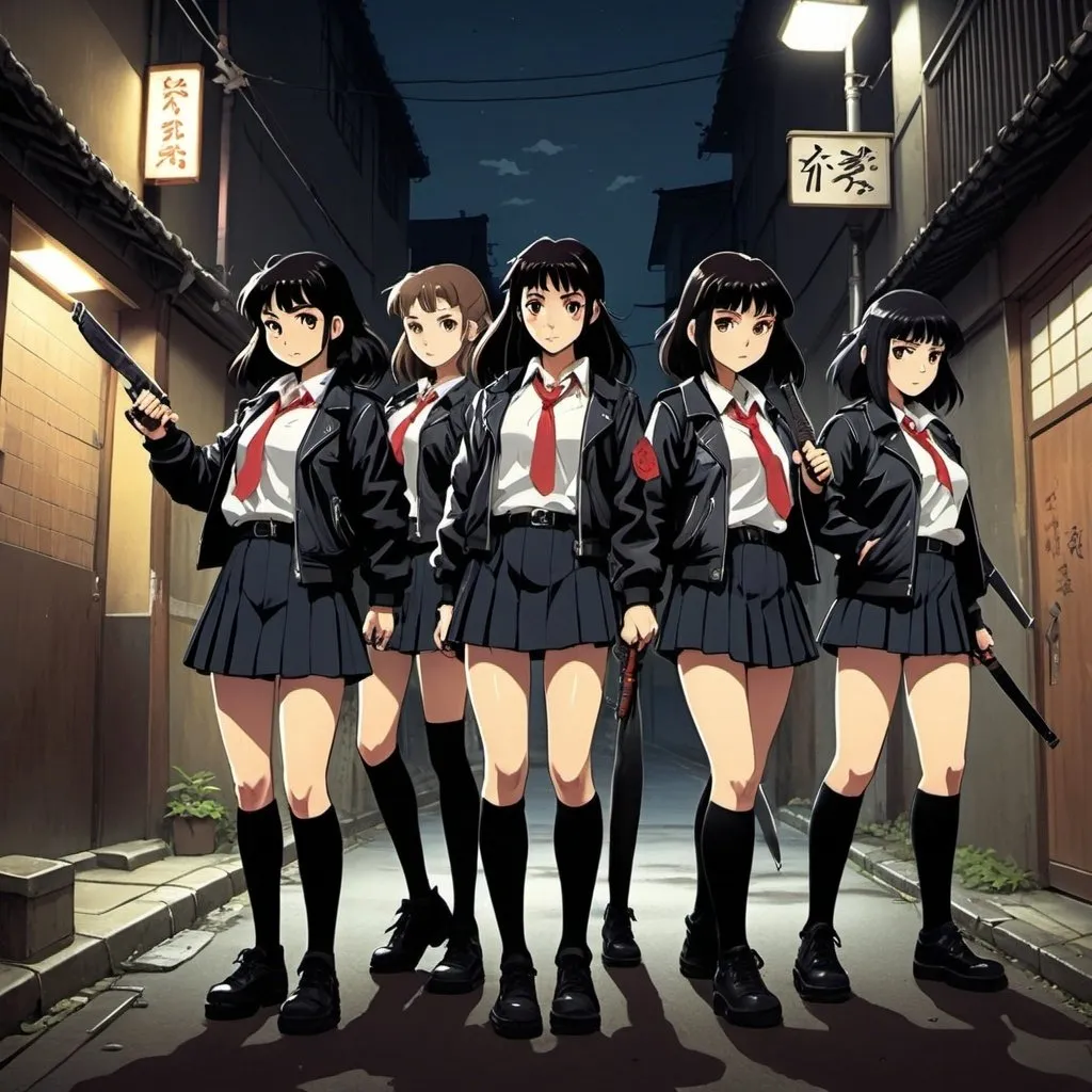 Prompt: Ghibli 2D anime style. A group of Japanese Sukeban. all wear identical attire including leather jacket and school uniform with over the knee socks. Armed with a variety of melee weapons. Nighttime in an alley.   