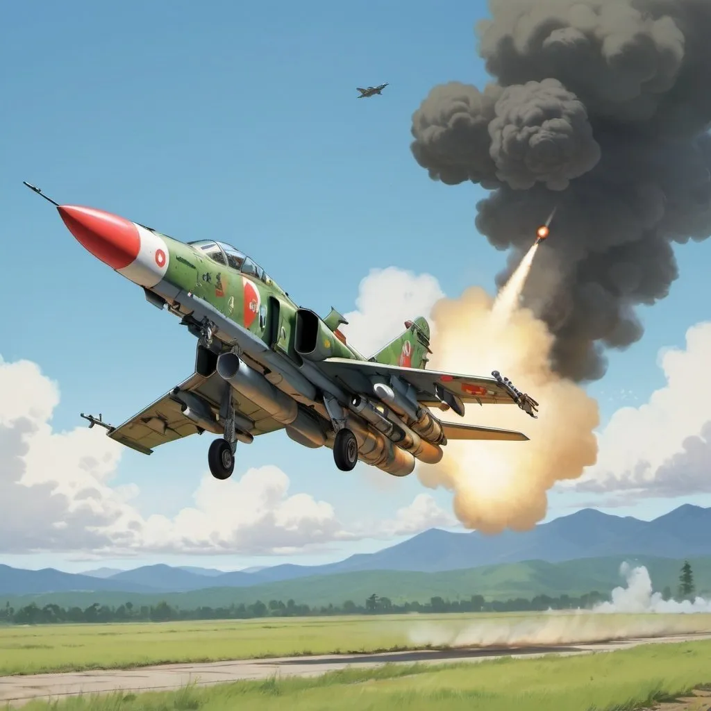 Prompt: Ghibli 2D anime style. A Su-25 making a strafing run on ground targets.