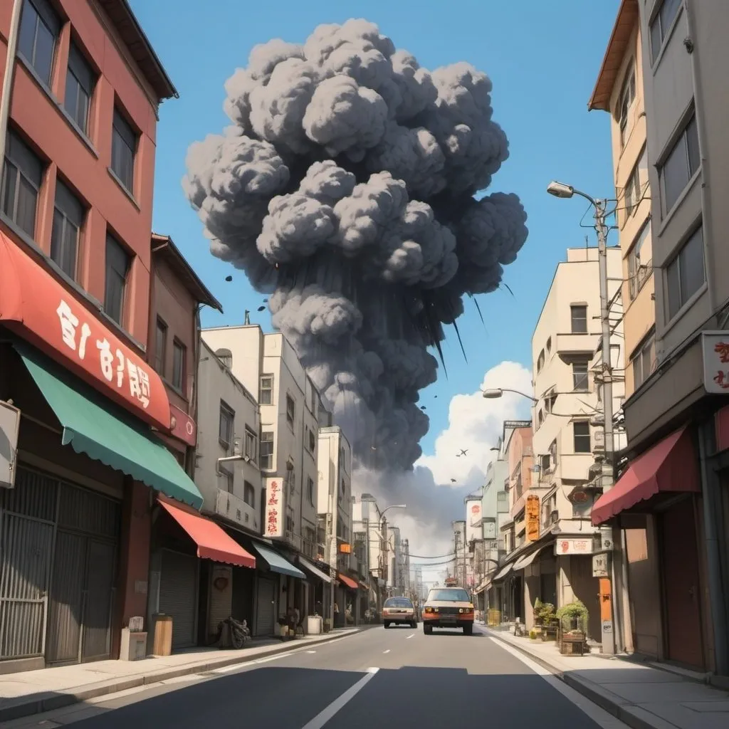 Prompt: Ghibli 2D anime style. A Terrorist bombing in a downtown area of a city.