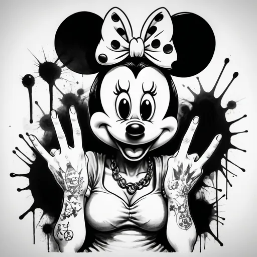 Prompt: Minnie mouse, heroin sheik Tattoos. angry expression,  giving everyone the middle finger. Rude gesture. GG Allin aesthetic. done in the style of Ralph Steadman. Black and white ink. Ink blotches. nightmarish.  Swastika background. 