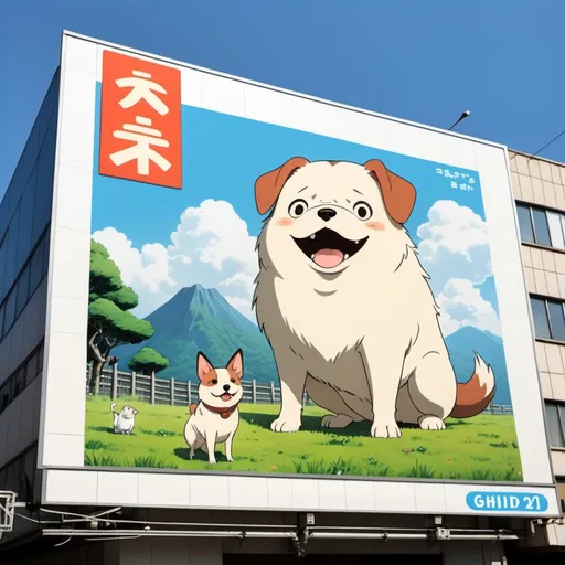 Prompt: Ghibli 2D anime style. Japanese billboard advertisement. Dog farts.