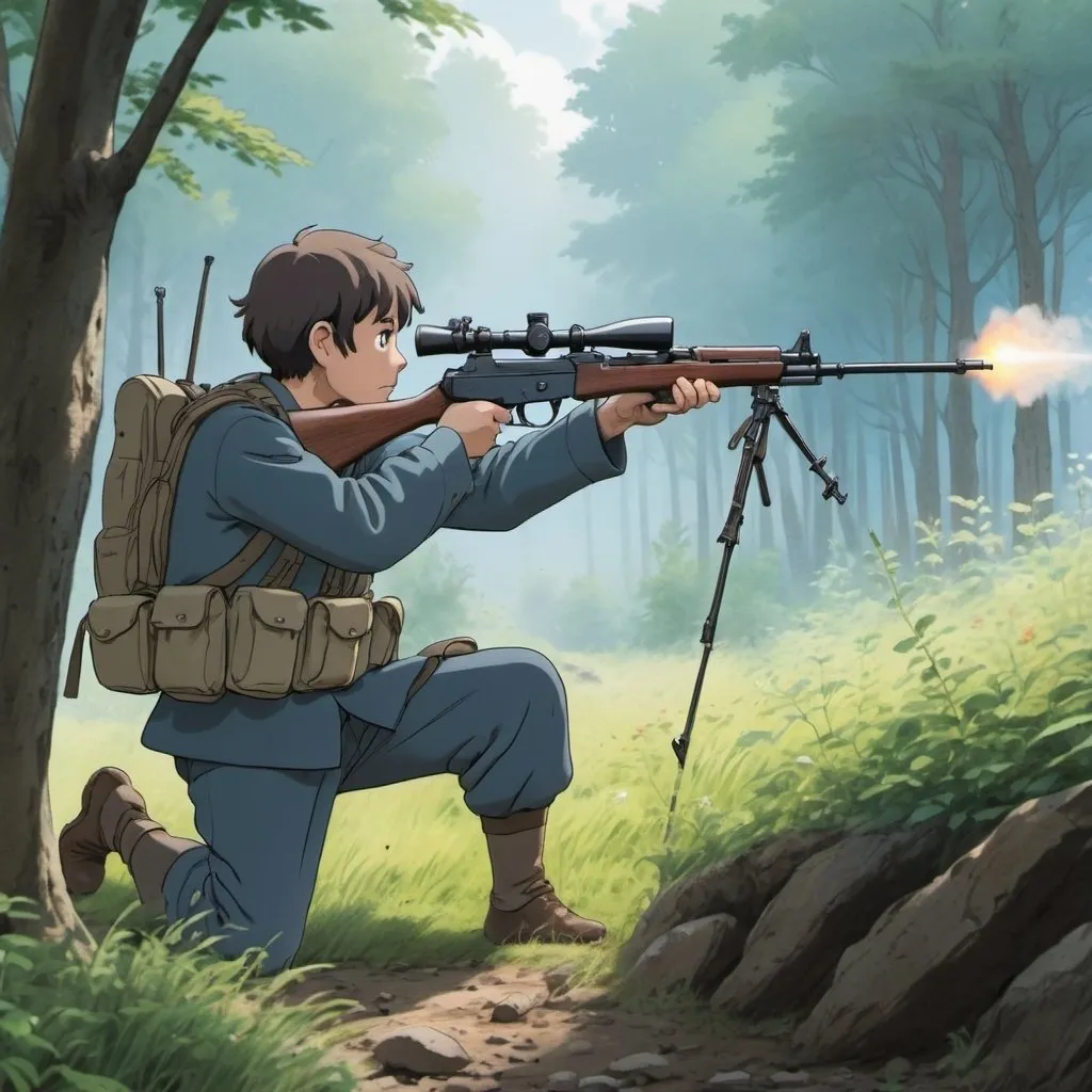 Prompt: Ghibli 2D anime style. A militiaman firing his SKS at an unseen target.