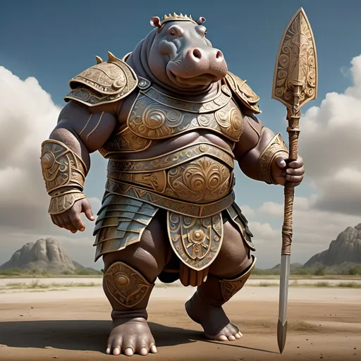 Prompt:  imposing 7-foot male Hippo-Humanoid, powerfully muscular build, bulky legs, wearing intricately designed Greek hoplite body armor, grasping a long spear, shield detailed with ornate patterns, short sword sheathed in scabbard, earthy dirt ground, vast sky background painted in soft hues, vibrant colors, whimsical atmosphere, enchanting yet formidable, ultra-detailed composition, capturing dynamic essence of majestic creature.