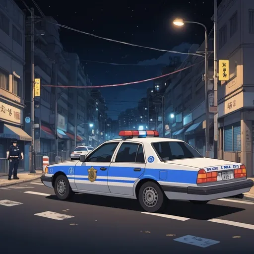 Prompt: Ghibli 2D anime style. A crime scene in a large city, police cars, barrier tape, chalk outline. Nighttime illuminated by street lights and police car lights. 