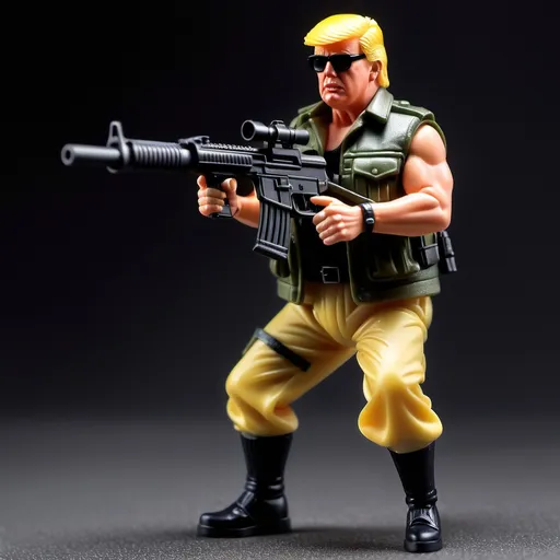 Prompt: Style 1:18 scale action figure. Donald Trump in Rambo garb, shooting a big machine gun.