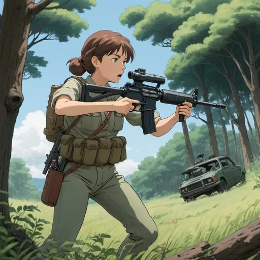 Prompt: Ghibli 2D anime style. A militia woman firing her M16 at an unseen target.