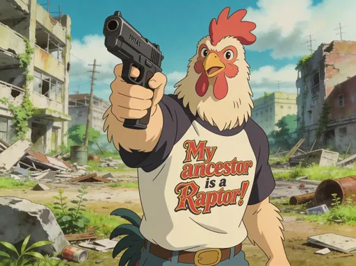 Prompt: Ghibli anime style, colored line drawing. Post apocalyptic wasteland. Post apocalyptic wasteland. Anthropomorphic male rooster. Rockabilly style, T-shirt with "My ancestor is a Raptor!". armed with M1911a1. 