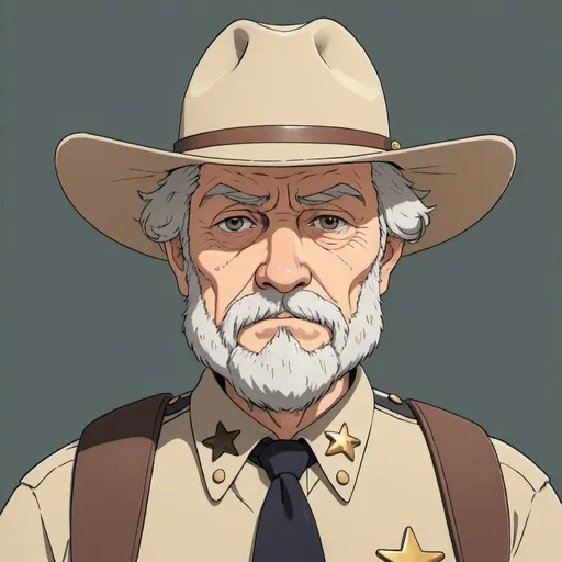 Prompt: Ghibli 2D anime style. Sheriff McDonnel, a grizzled veteran whose stern visage was as reassuring as it was intimidating