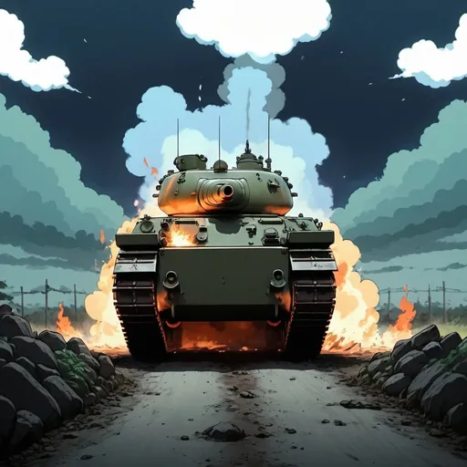Prompt: Ghibli 2D anime style. A tank on fire from being hit. 
