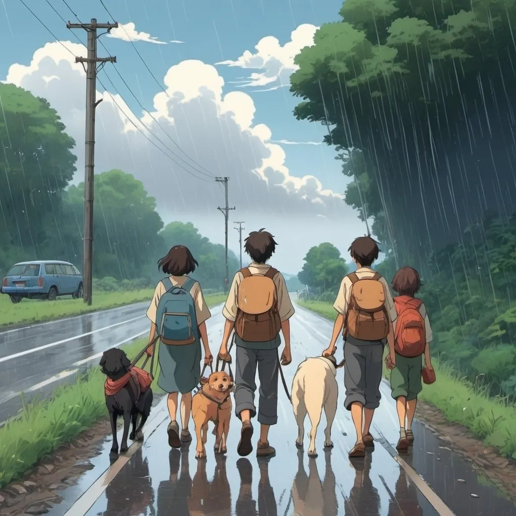 Prompt: Ghibli 2D anime style. A group of refugees with kids, dog, wagon and backpacks. walking along the side of a highway. raining.