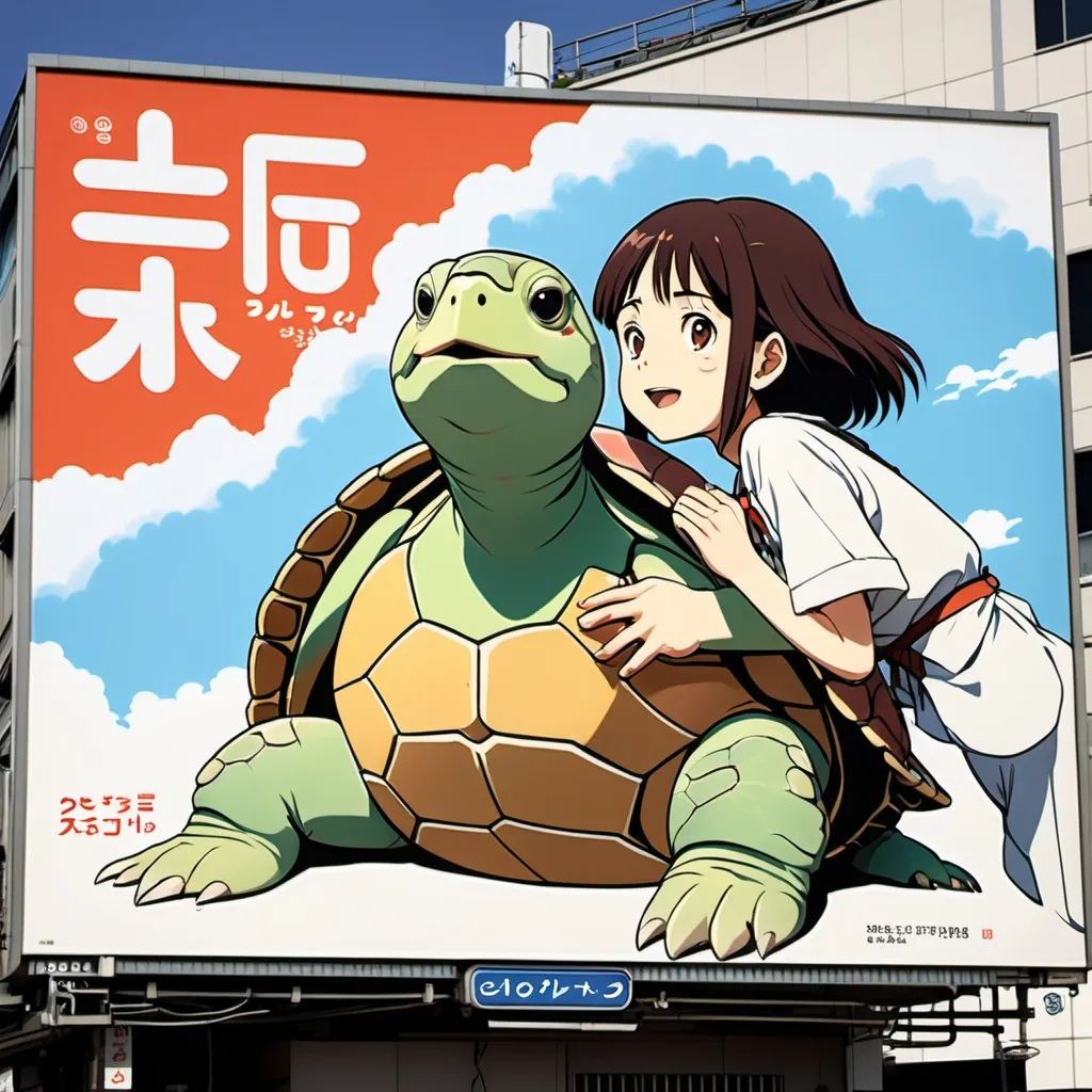 Prompt: Ghibli 2D anime style. Japanese billboard advertisement. Sapphic turtles.