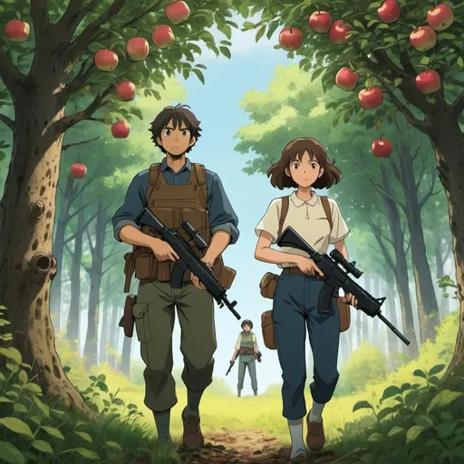 Prompt: Ghibli 2D anime style. A of man and woman armed with assault rifles in a woods. Behind them an apple tree with gold apples.